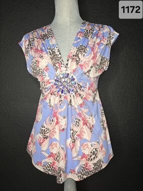 V-Neck Floral & Animal Print Tunic with Jeweled Medallion - Blue/Pink